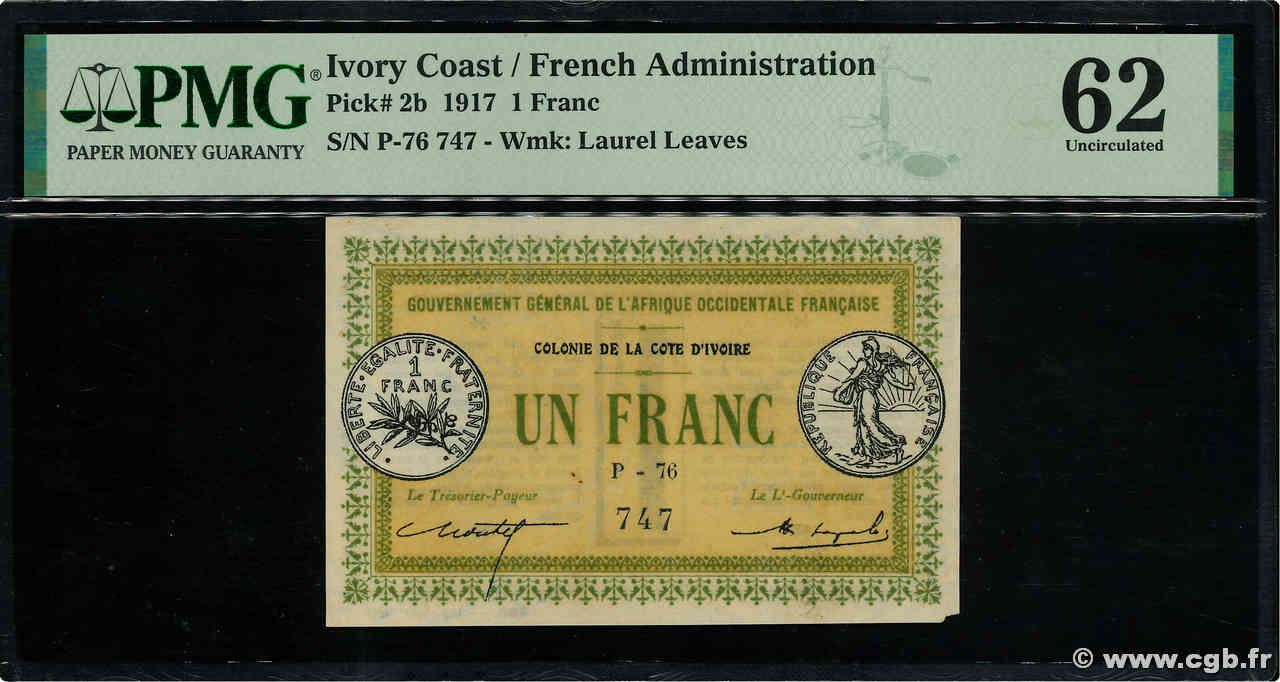 1 Franc COTE D IVOIRE  1917 P.02b pr.NEUF