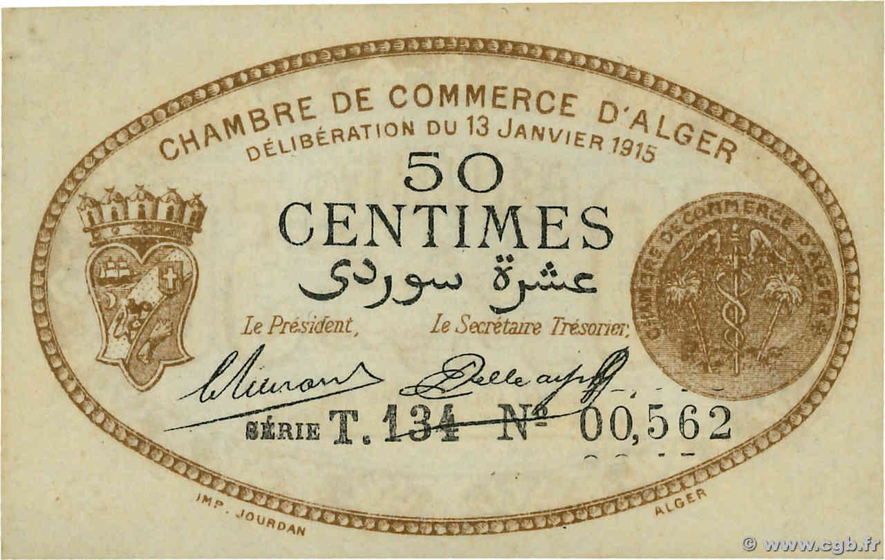 50 Centimes ALGÉRIE Alger 1915 JP 137 09 501366 Billets