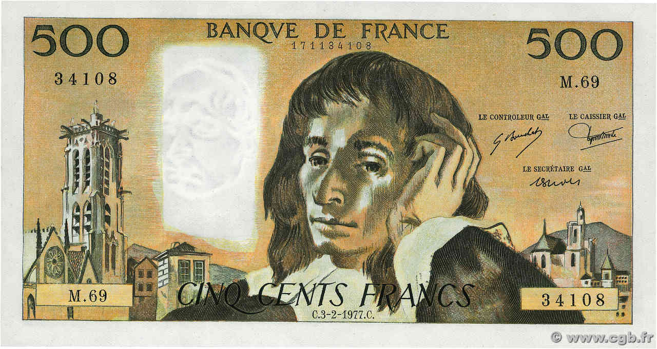 500 Francs PASCAL FRANCE  1977 F.71.16 UNC