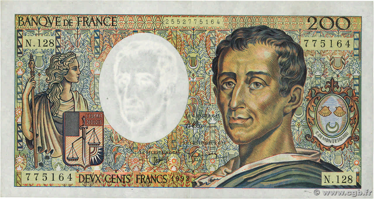 200 Francs MONTESQUIEU FRANCE 1992 F.70.12c TTB