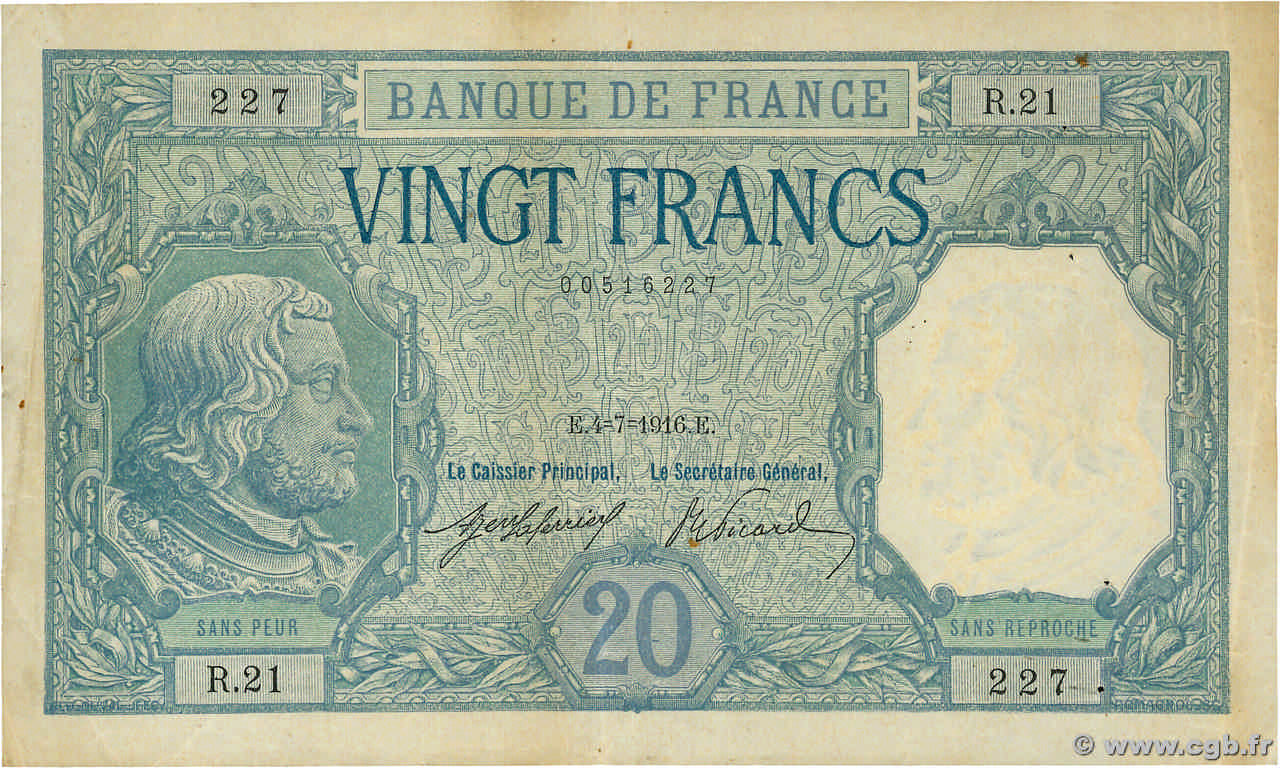 20 Francs BAYARD FRANCE  1916 F.11.01 VF