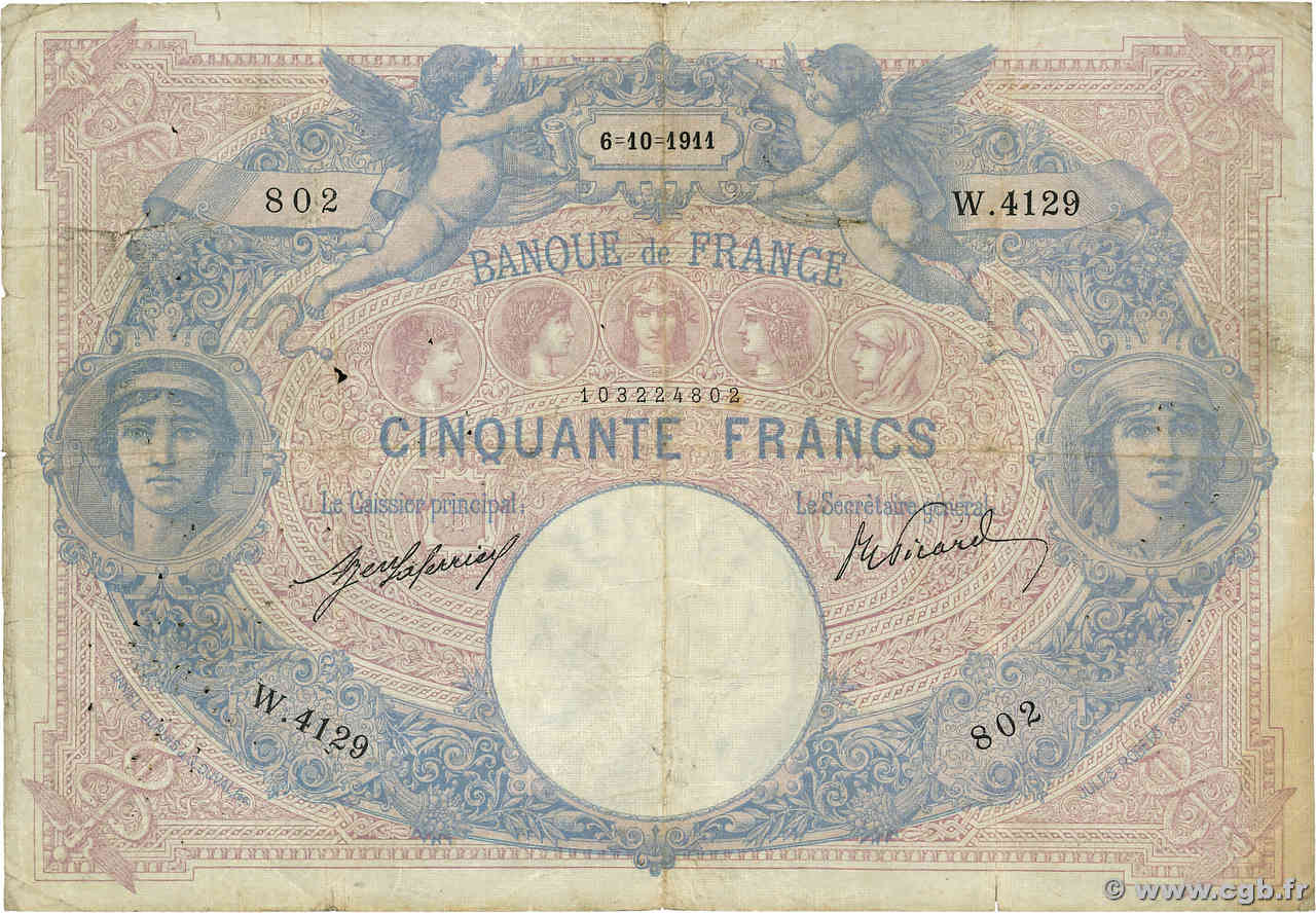 50 Francs BLEU ET ROSE FRANCIA  1911 F.14.24a MB