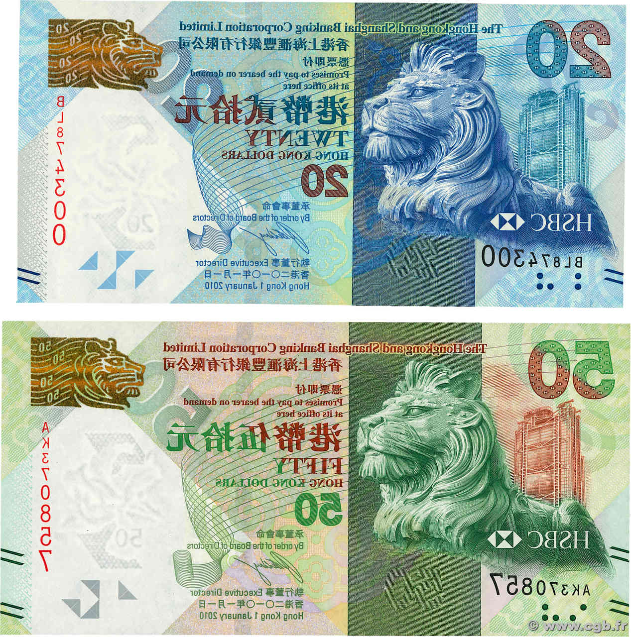 20 et 50 Dollars Lot HONG-KONG  2010 P.212a et P.213a SC+