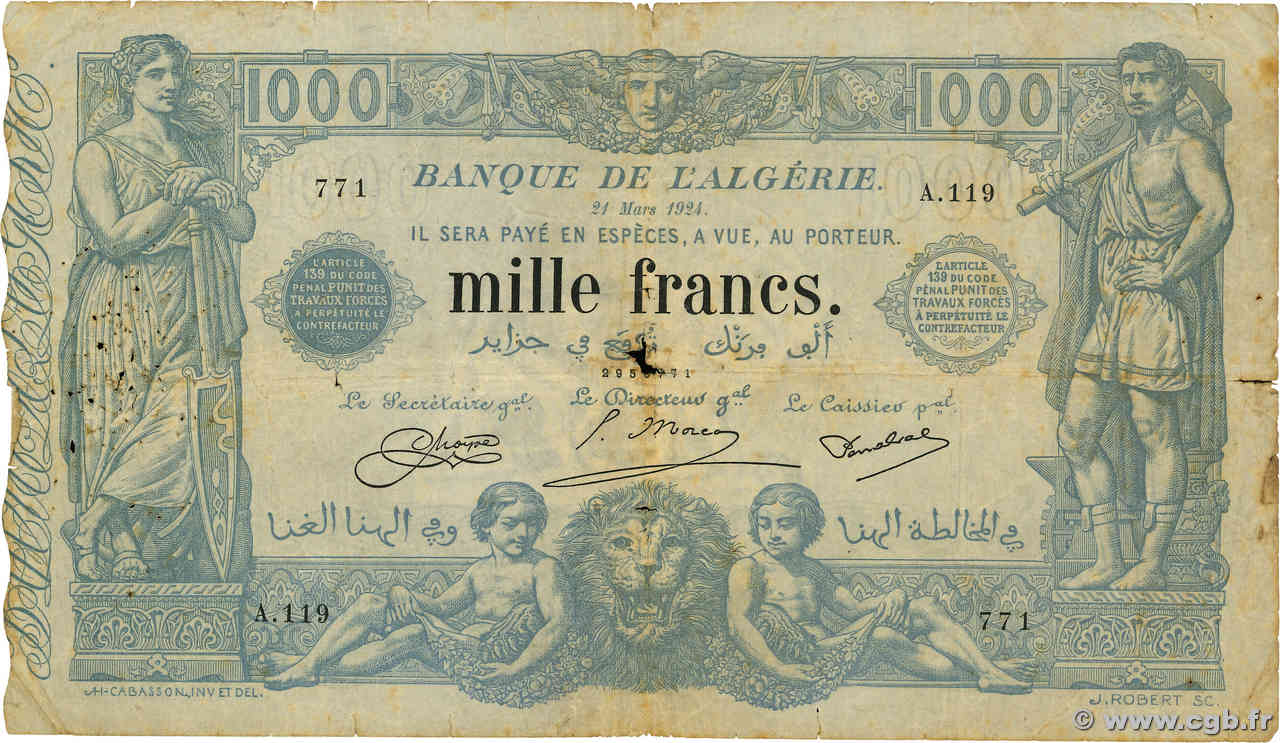 1000 Francs ALGERIA  1924 P.076b VG