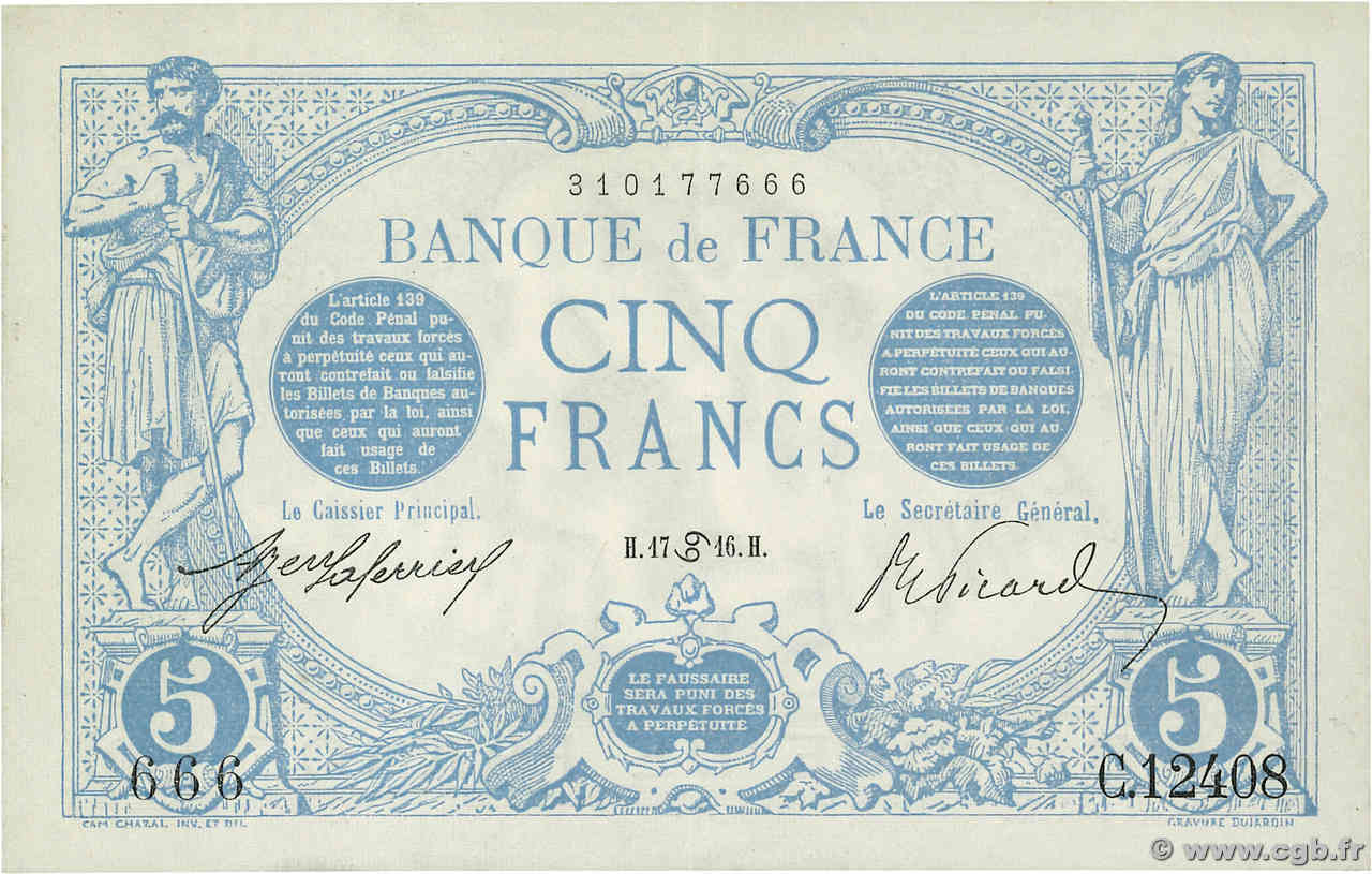 5 Francs BLEU Numéro spécial FRANCE  1916 F.02.40 SPL