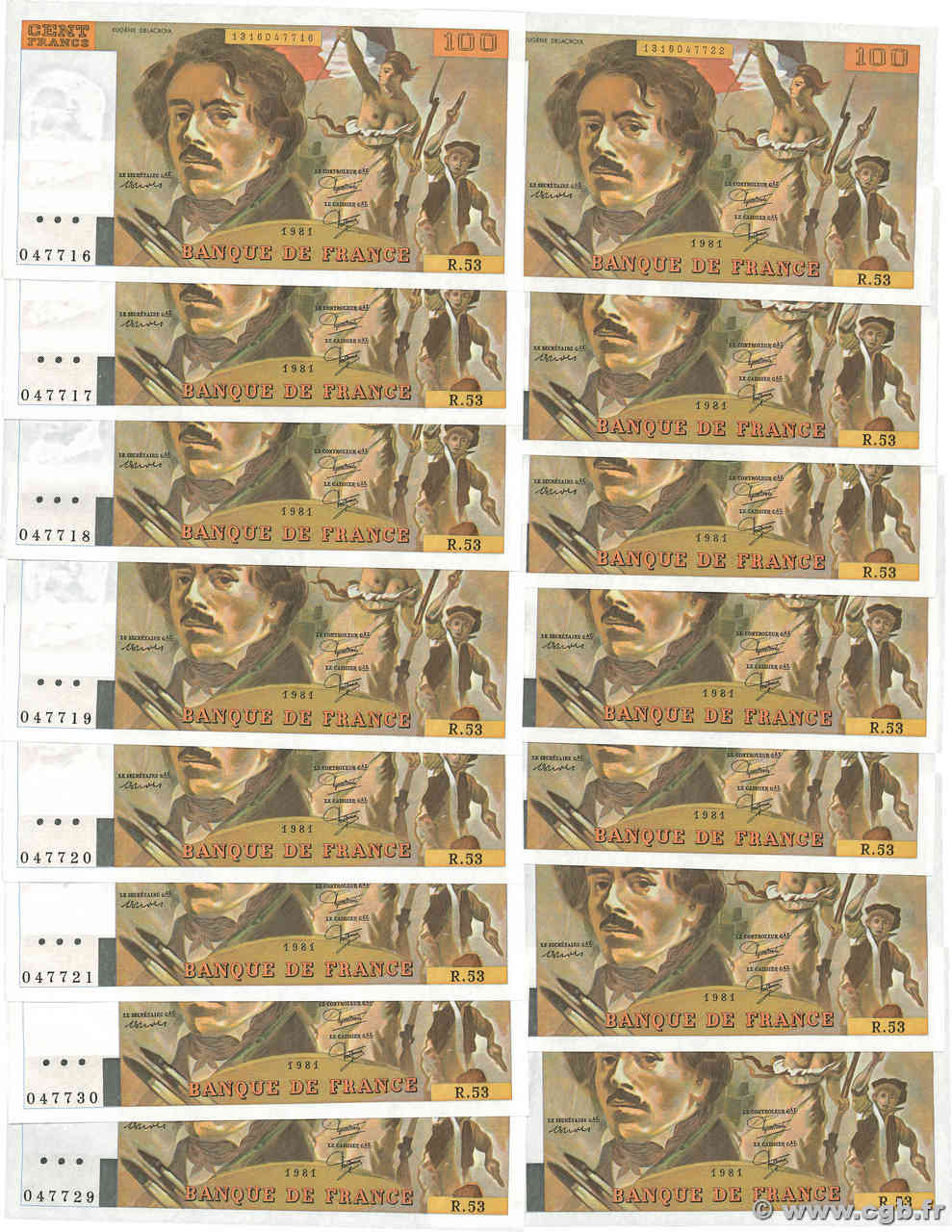 100 Francs DELACROIX modifié Consécutifs FRANCIA  1981 F.69.05 SC+