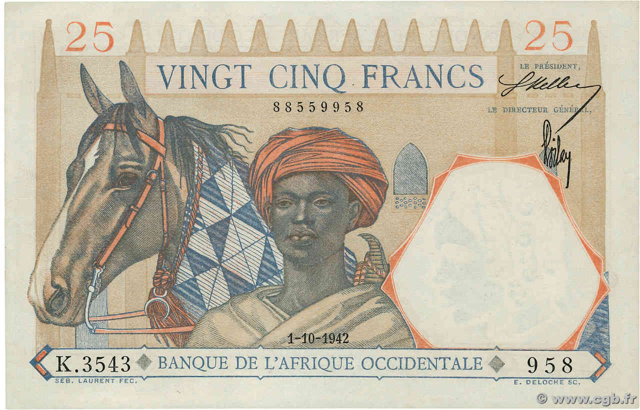25 Francs FRENCH WEST AFRICA 1942 P.27 ST