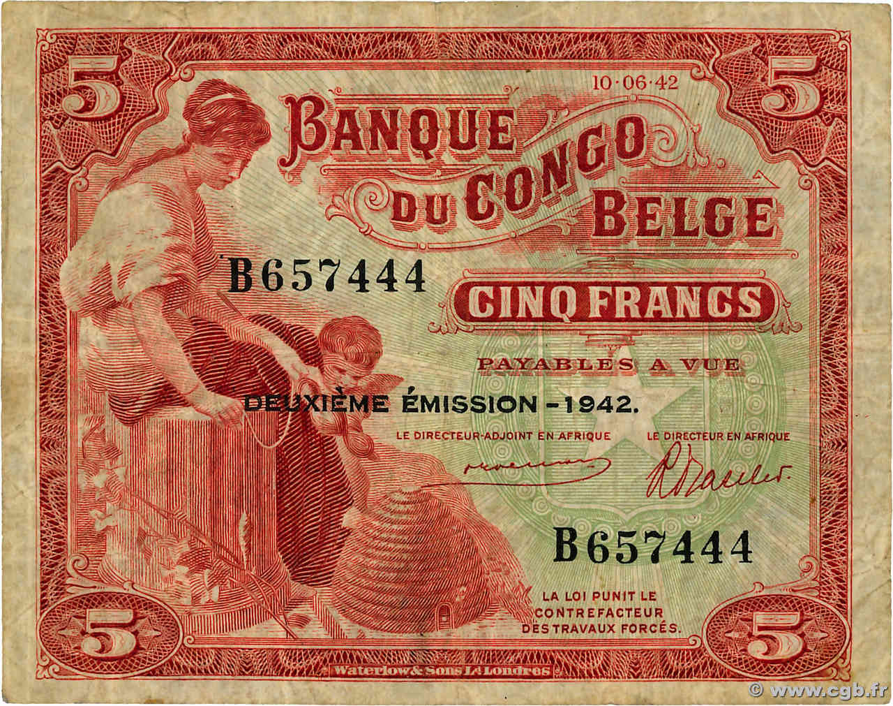 5 Francs CONGO BELGE  1942 P.13 TB