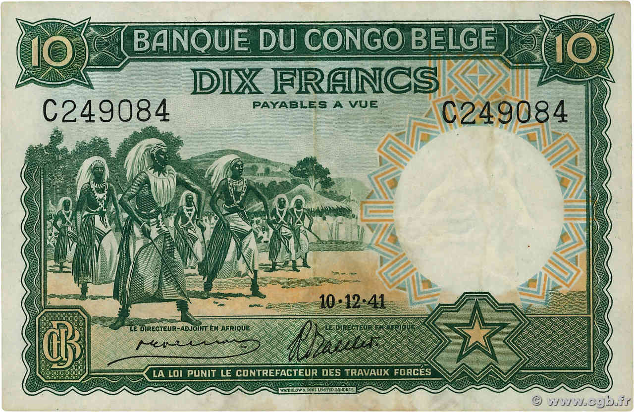 10 Francs BELGIAN CONGO  1941 P.14 VF