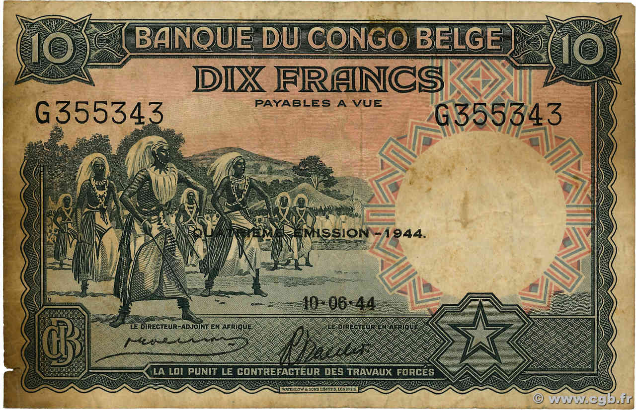 10 Francs CONGO BELGE  1944 P.14D TB