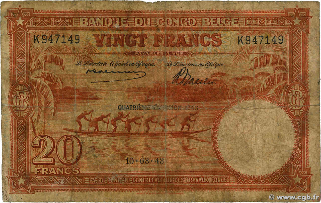 20 Francs BELGIAN CONGO  1943 P.15C G
