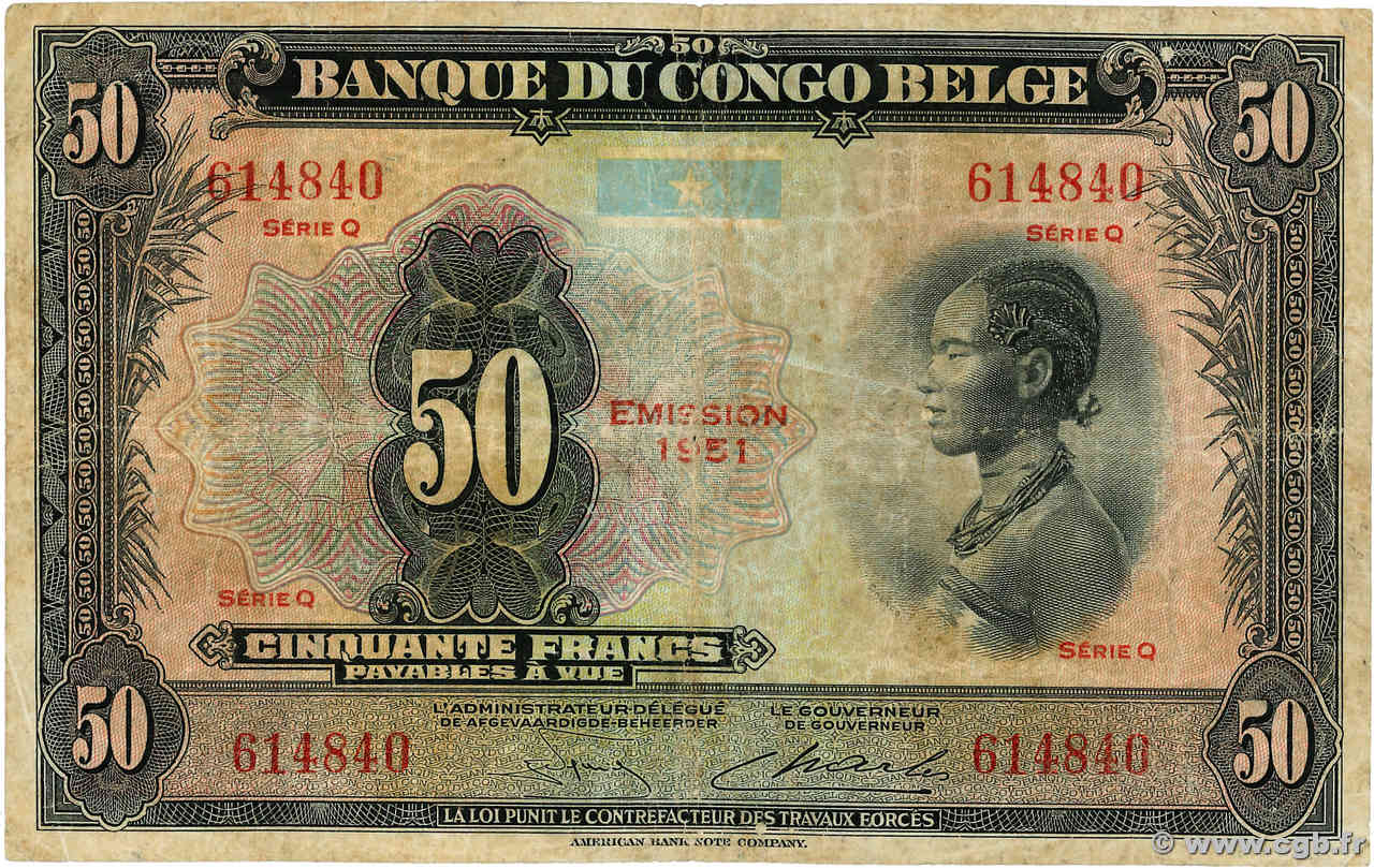 50 Francs BELGISCH-KONGO  1951 P.16i SGE