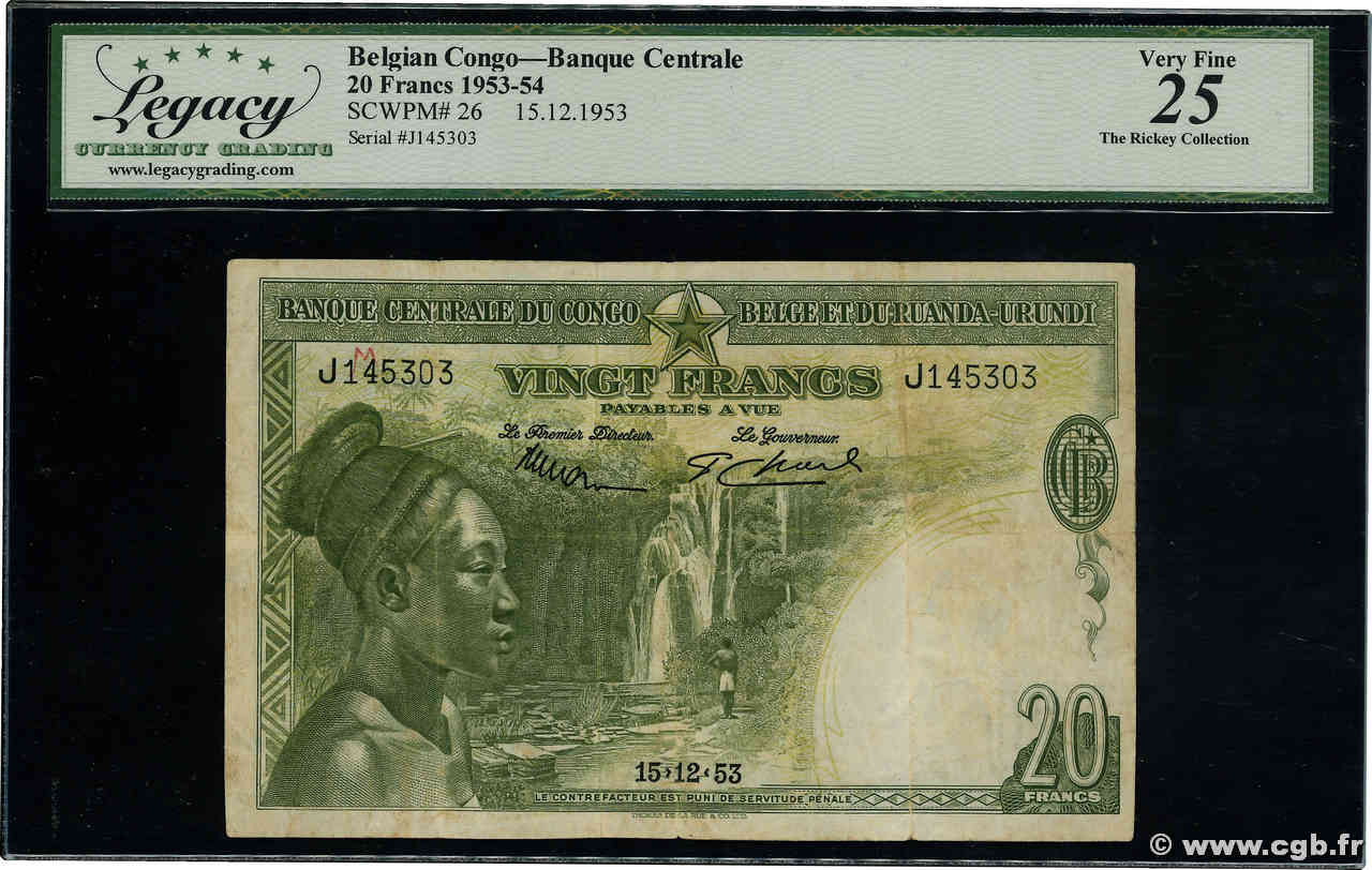 20 Francs BELGIAN CONGO  1953 P.26 VF