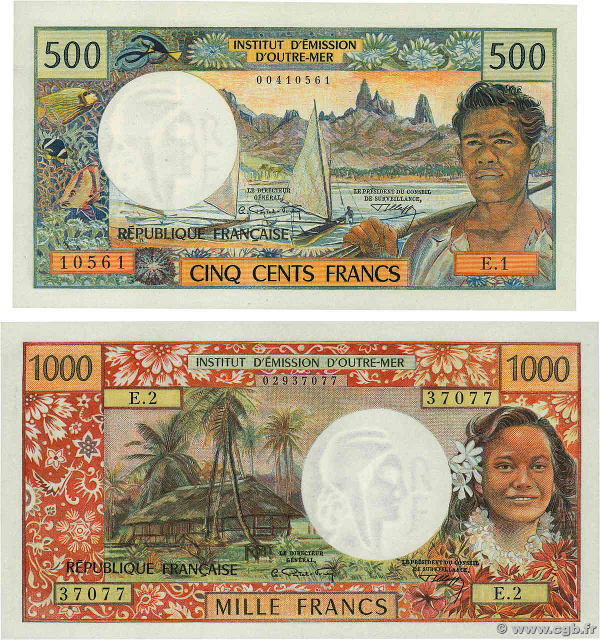 500 et 1000 Francs Lot TAHITI  1970 P.25a et P.27a pr.NEUF