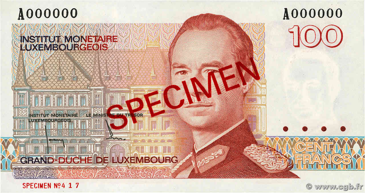 100 Francs Spécimen LUSSEMBURGO  1986 P.58as FDC