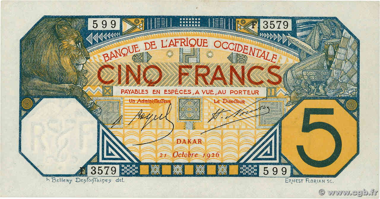 5 Francs DAKAR FRENCH WEST AFRICA Dakar 1926 P.05Bc XF