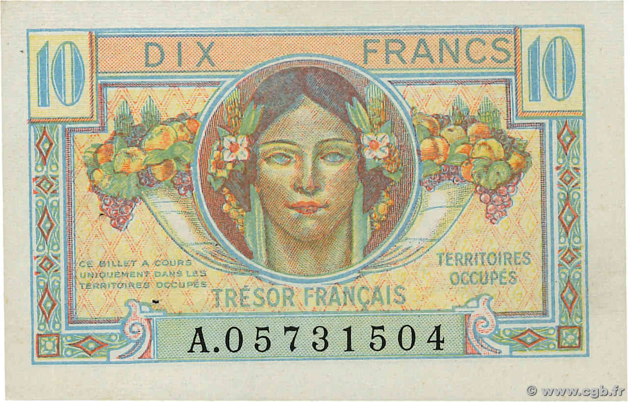 10 Francs TRÉSOR FRANÇAIS FRANKREICH  1947 VF.30.01 VZ+