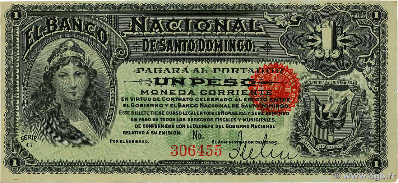 1 Peso DOMINICAN REPUBLIC  1889 PS.131r XF+