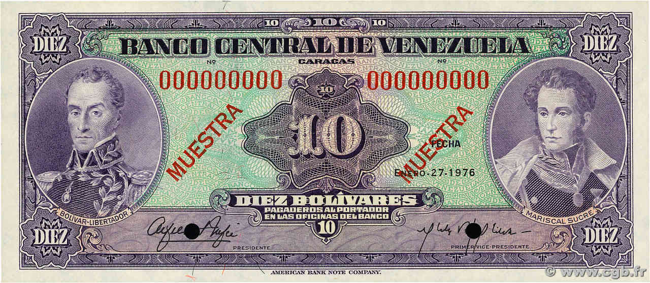 10 Bolivares Spécimen VENEZUELA  1976 P.051s2 NEUF