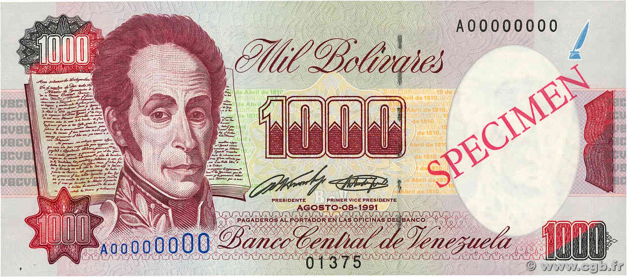 1000 Bolivares Spécimen VENEZUELA  1991 P.073s1 AU