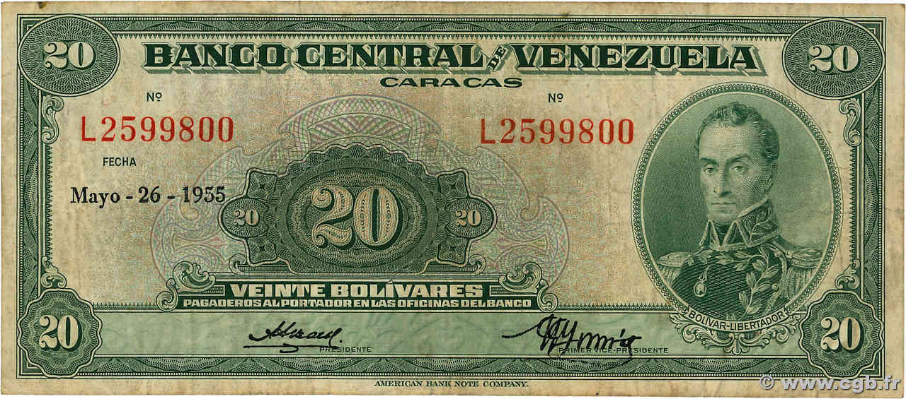 20 Bolivares VENEZUELA  1955 P.032c MB