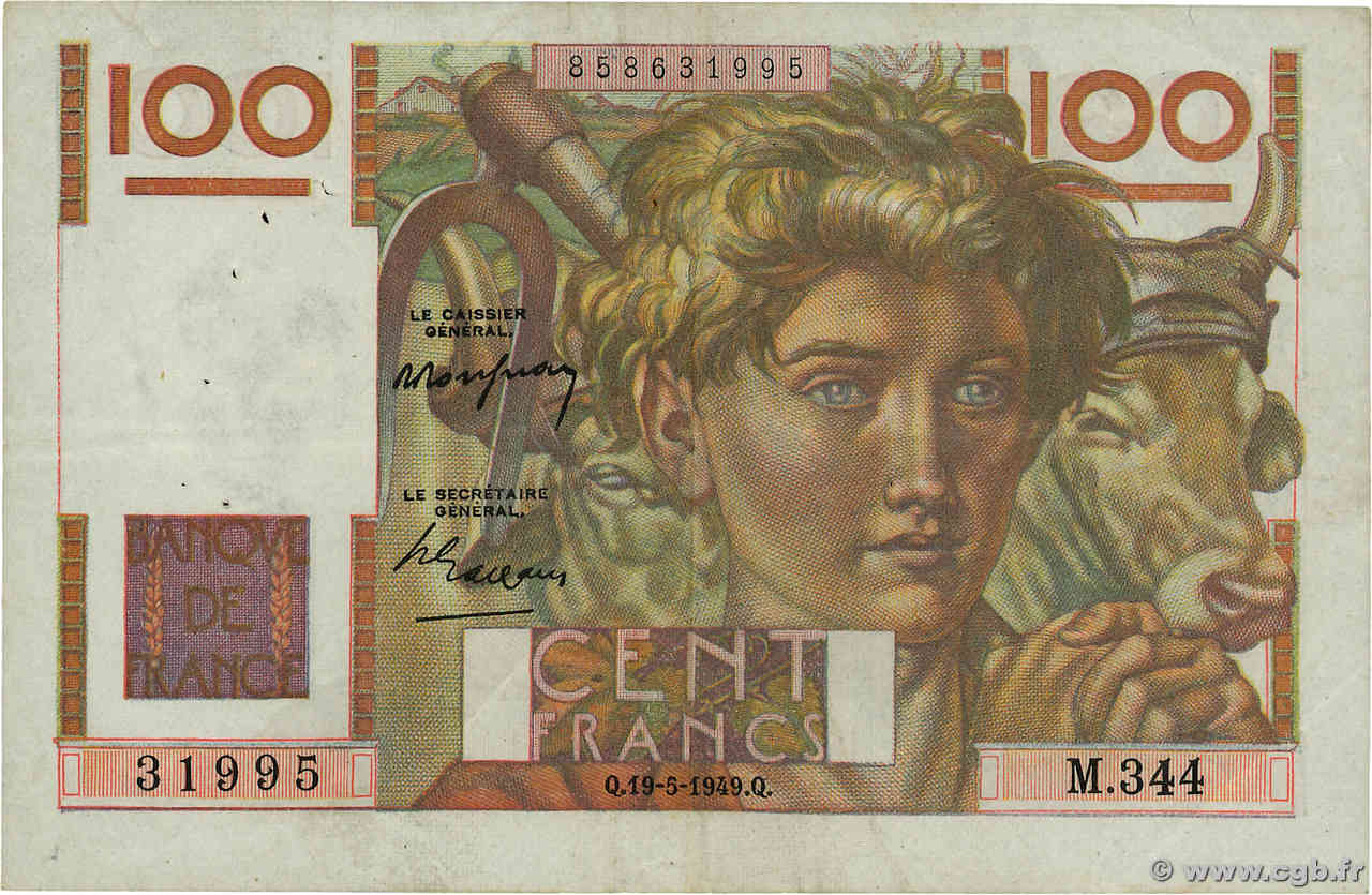 100 Francs JEUNE PAYSAN FRANCE 1949 F.28.24 TTB