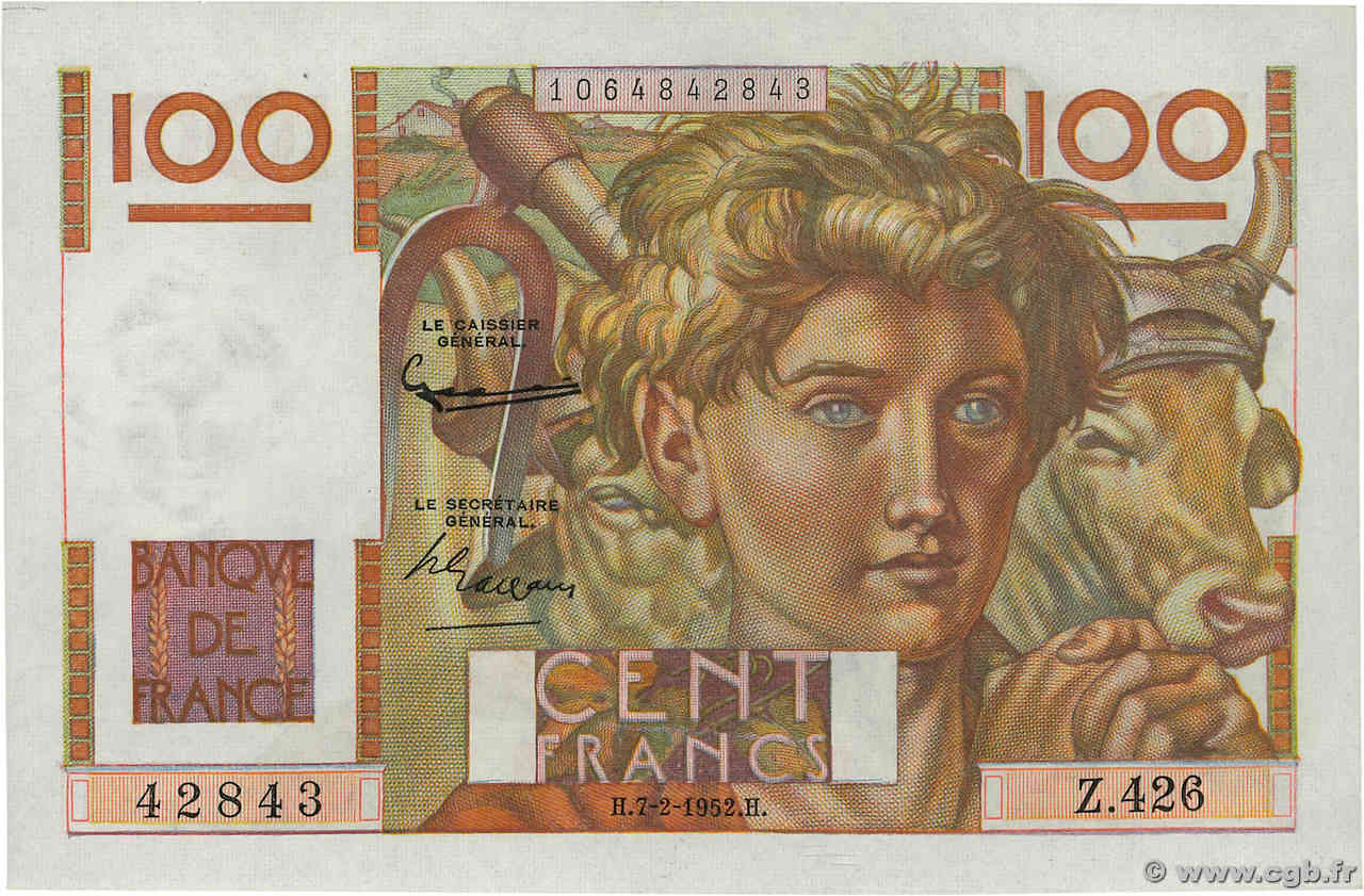 100 Francs JEUNE PAYSAN FRANCE 1952 F.28.31 pr.NEUF