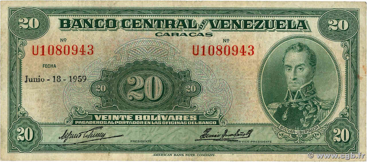 20 Bolivares VENEZUELA  1959 P.032c RC+