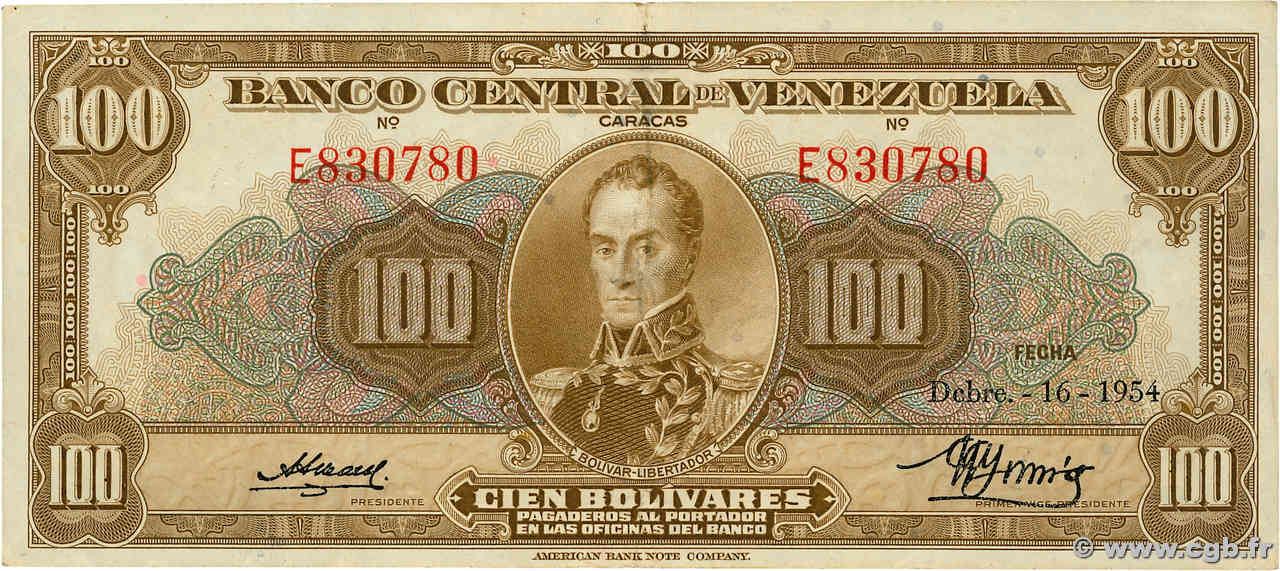 100 Bolivares VENEZUELA  1954 P.034c BB
