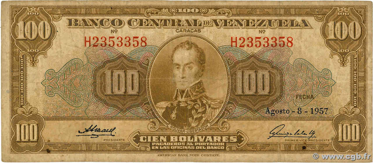 100 Bolivares VENEZUELA  1957 P.034c TB
