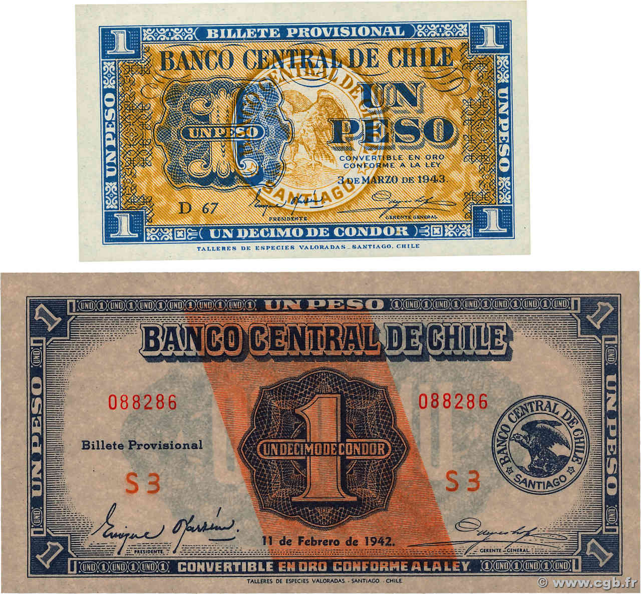 1 Peso - 1/10 Condor Lot CILE  1942 P.089 et P.090d FDC