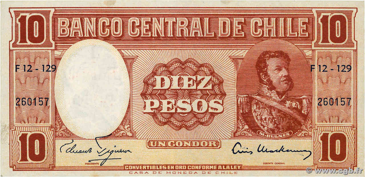 1 Centesimo sur 10 Pesos CHILE  1960 P.125 AU