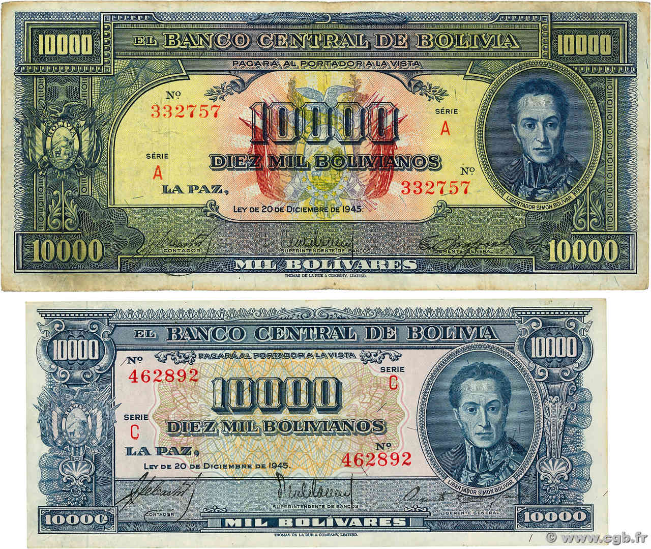 10000 Bolivianos Lot BOLIVIA  1945 P.146 et P.151 MB a BB