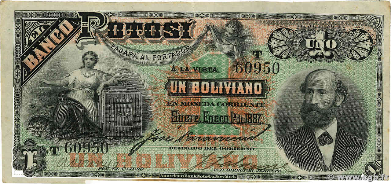 1 Boliviano BOLIVIA  1887 PS.221b SPL