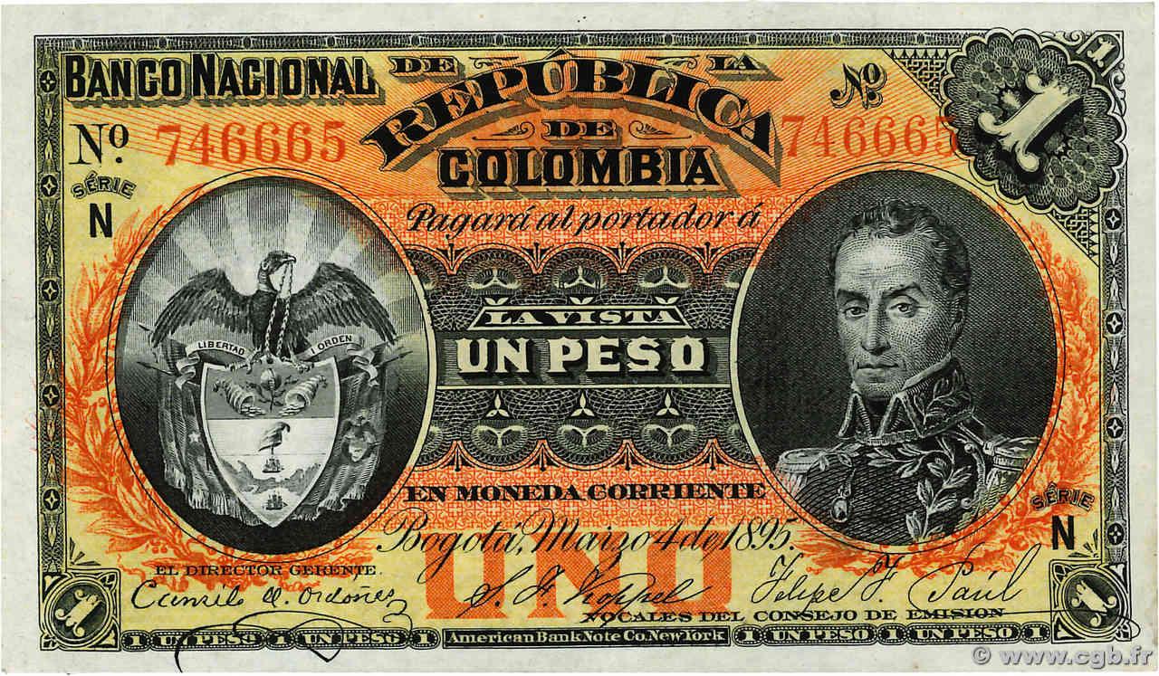 1 Peso COLOMBIE  1895 P.234 SPL