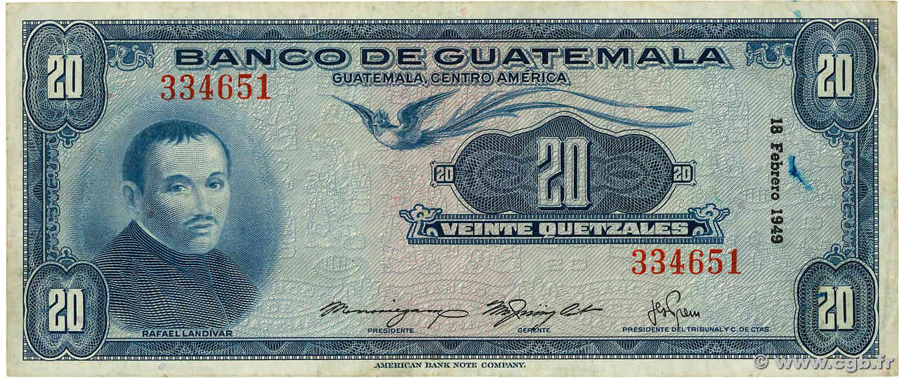 20 Quetzales GUATEMALA  1949 P.027 VF