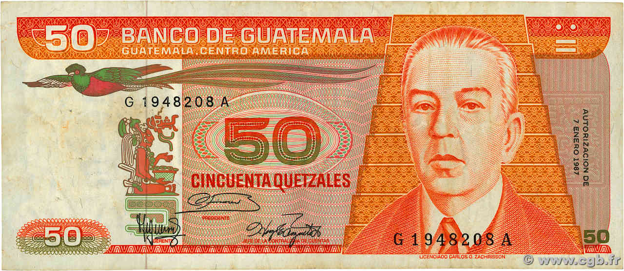 50 Quetzales GUATEMALA  1987 P.070 MB