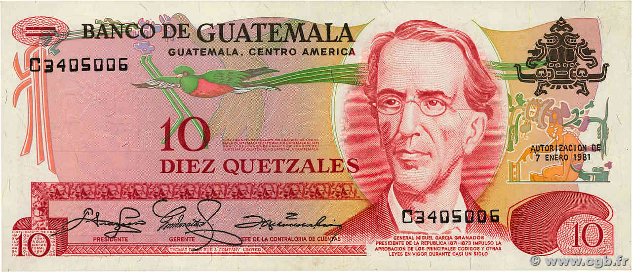 10 Quetzales GUATEMALA  1981 P.061c XF-