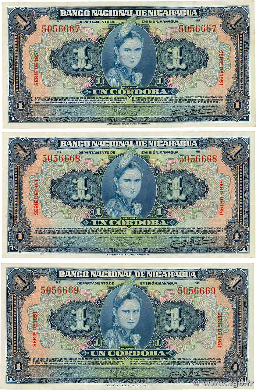 1 Cordoba Consécutifs NIKARAGUA  1951 P.091b fST