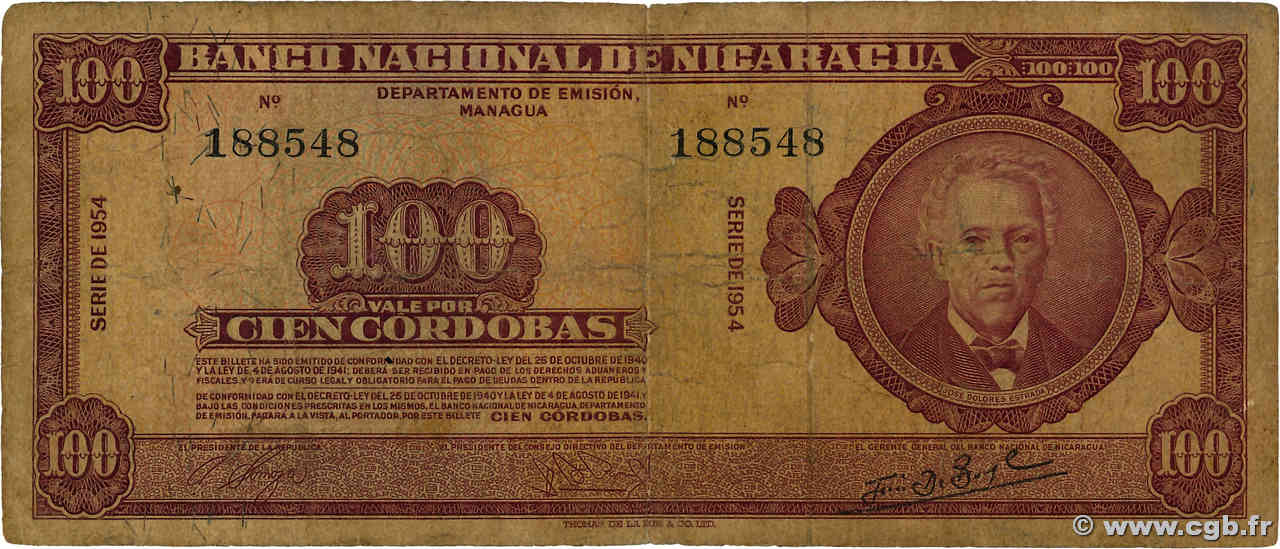 100 Cordobas NICARAGUA  1954 P.104a B