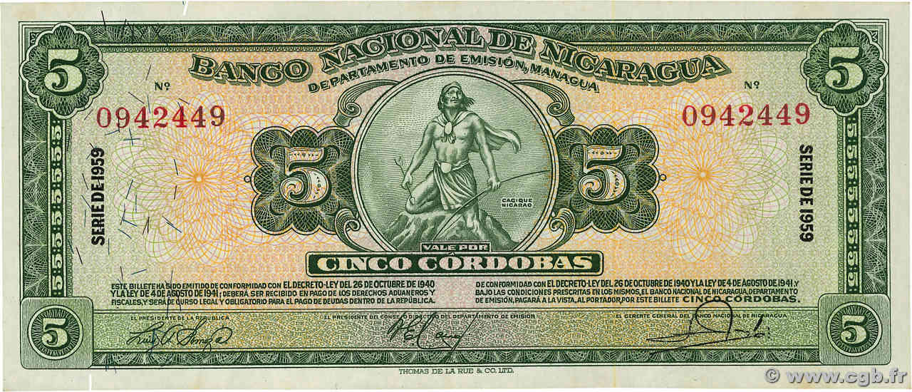 5 Cordobas NICARAGUA  1959 P.100c TTB