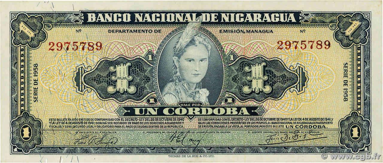 1 Cordoba NICARAGUA  1958 P.099b UNC