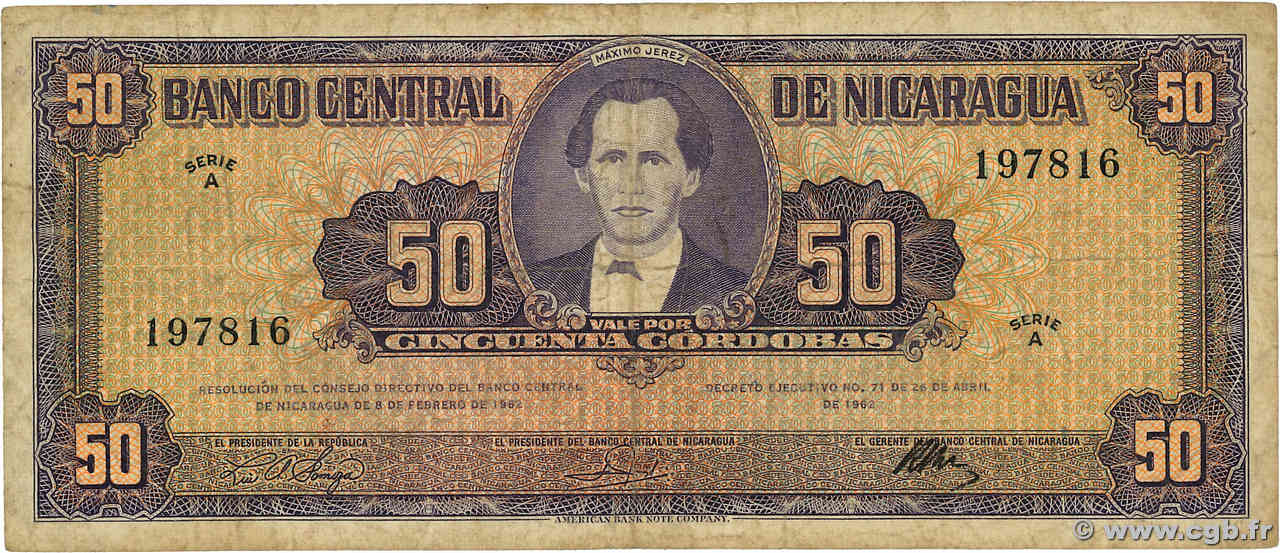 50 Cordobas NICARAGUA  1962 P.111 MB