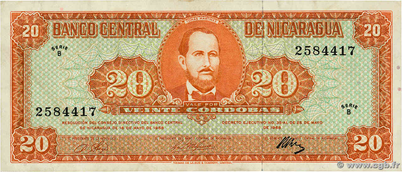 20 Cordobas NICARAGUA  1968 P.118a MBC+