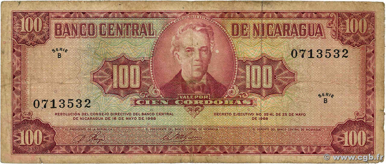 100 Cordobas Fauté NICARAGUA  1968 P.120b q.MB