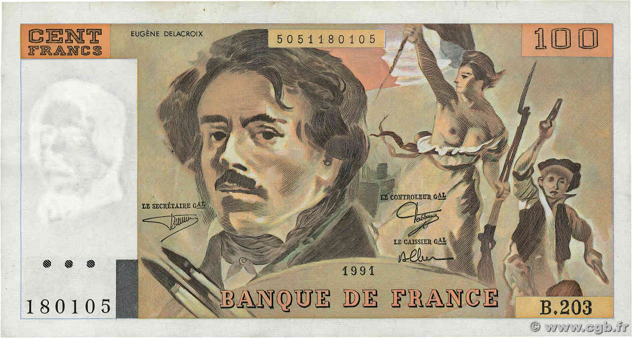 100 Francs DELACROIX imprimé en continu FRANKREICH  1991 F.69bis.03c2 fVZ