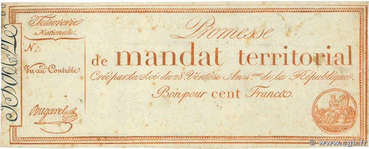 100 Francs sans série Vérificateur FRANKREICH  1796 Ass.60v VZ