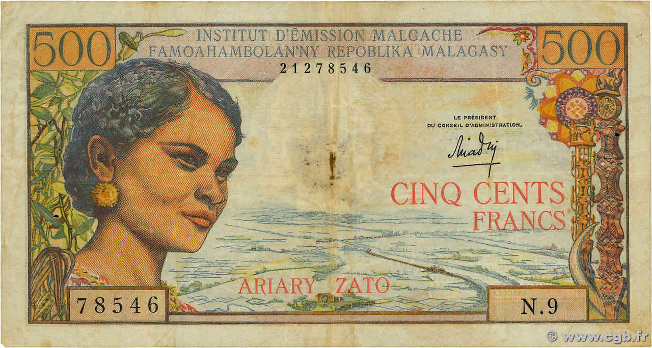 500 Francs - 100 Ariary MADAGASCAR  1964 P.058a MB