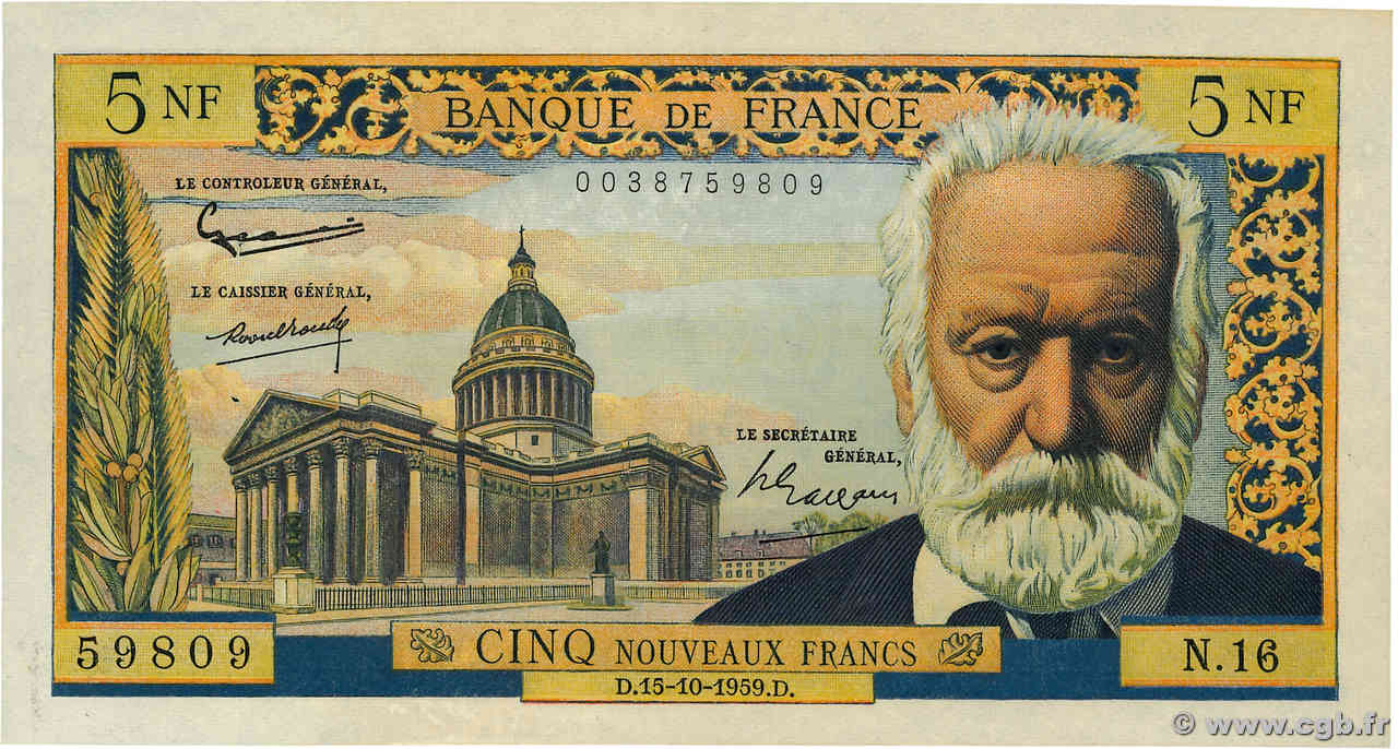 5 Nouveaux Francs VICTOR HUGO FRANCIA  1959 F.56.03 EBC
