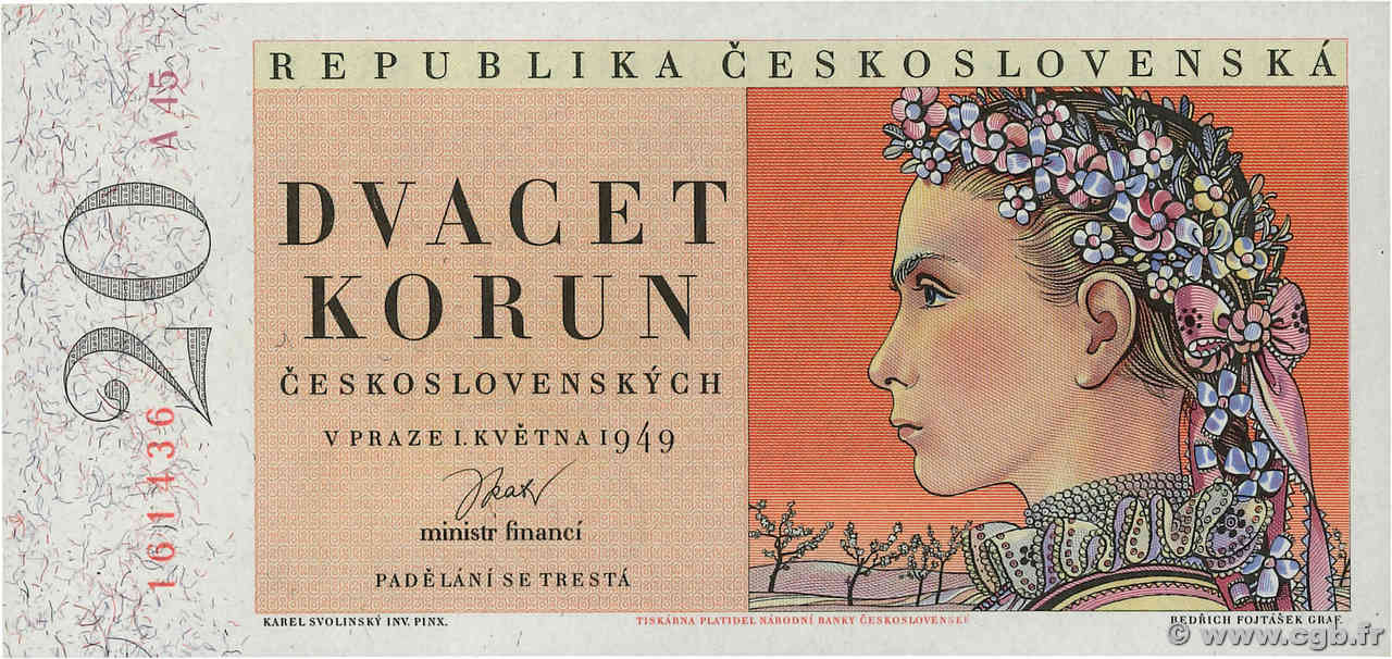 20 Korun CZECHOSLOVAKIA  1949 P.070 UNC